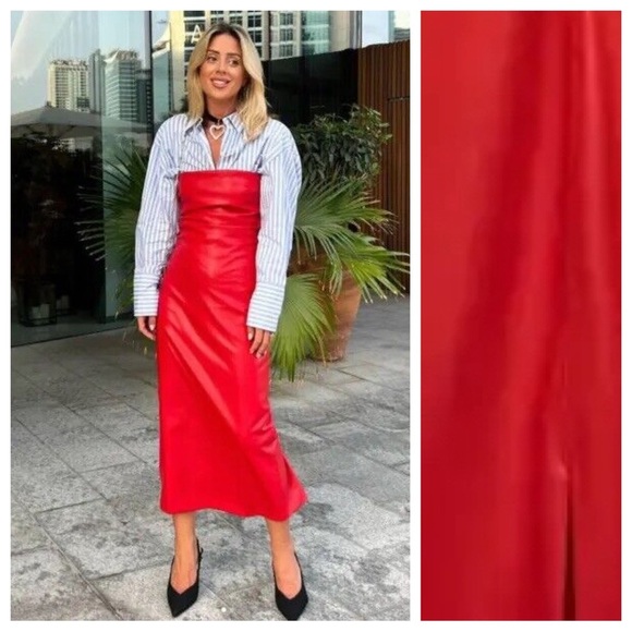 NWOT. Zara Red Faux Leather Off-the-Shoulder Midi Dress. Size S. - Picture 5 of 12